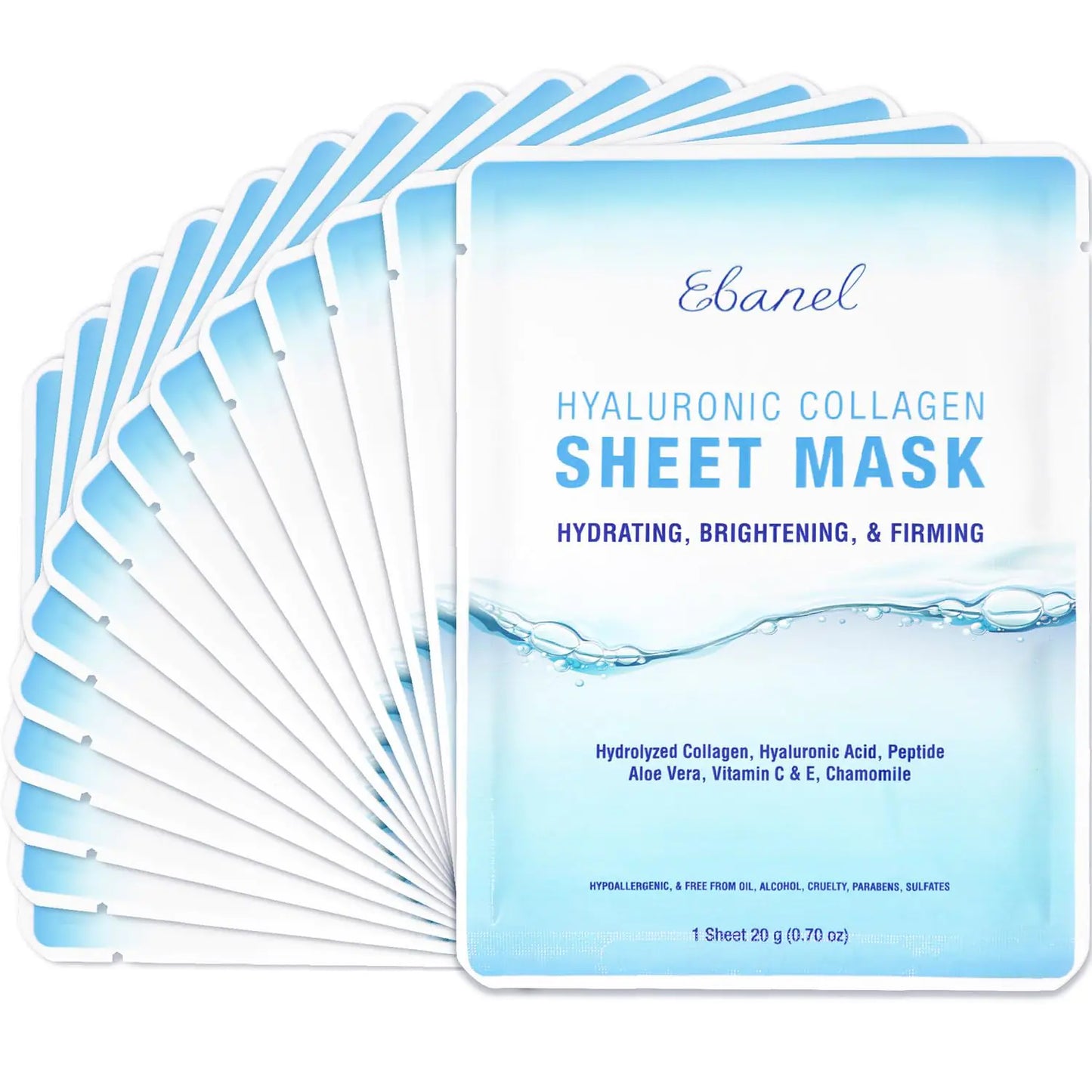 Ebanel 15 Pack Collagen Peptide Hydrating Face Masks Instant Brightening Firming Anti Aging Face Sheet Masks Moisturizing Spa Facial Mask Skincare with Hyaluronic Acid Vitamin C Chamomile Aloe
